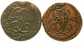 Russland
Katharina II., 1762-1796
2 Stück: Kupfer 5 Kopeken 1791 AM und 1792 EM. sehr schön