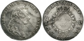 Schweden
Gustav III. Adolf, 1771-1792
Rigsdaler 1776 OL, Stockholm. vorzüglich, kl. Kratzer, schöne Patina