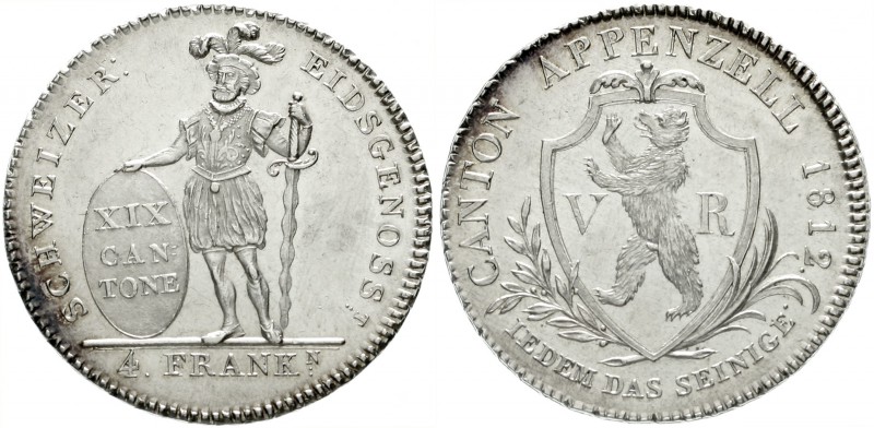Schweiz-Appenzell
Kanton
4 Franken 1812. Auflage nur 2357 Ex.
vorzüglich/Stem...