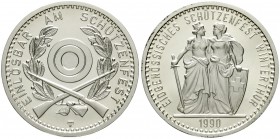 Schweizerische Eidgenossenschaft
Schützentaler Silber zu 50 Franken 1990, Winterthur. Auflage nur 5000 Ex.
Polierte Platte