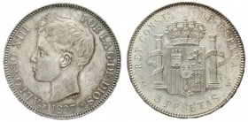 Spanien
Alfons XIII., 1886-1931
5 Pesetas 1897. vorzüglich aus Erstabschlag, kl. Kratzer, schöne Patina