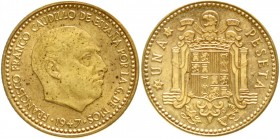Spanien
Caudillo Francisco Franco, 1939-1975
Peseta 1947 (E 51). Auf die numismatische Landesausstellung. Aufl.: 5.000 Stück.
fast Stempelglanz, äu...
