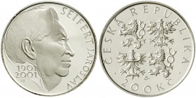 Tschechische Republik
200 Korun Silber 2001. 100. Geburtstag von Jaroslav Seifert. Auflage max. 3199 Ex. Im Etui mit Zertifikat.
Polierte Platte