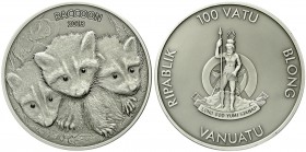 Vanuatu
Inselstaat/Neue Hebriden, seit 1906
100 Vatu (2 Unzen) Silbermünze 2013. Waschbärfamilie mit 6 schwarzen Diamanten als Augen. In Kapsel. Auf...