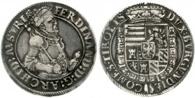 Haus Habsburg
Erzherzog Ferdinand II., 1564-1595
Reichstaler o.J. Hall. Harnisch mit Rankenschild verziert. Zepter weist zw. R und I, Ellbogen zw. I...