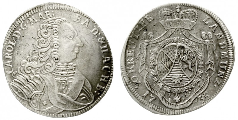Baden-Durlach
Karl Wilhelm, 1709-1738
30 Kreuzer 1735. Würzburg. Großer Kopf....
