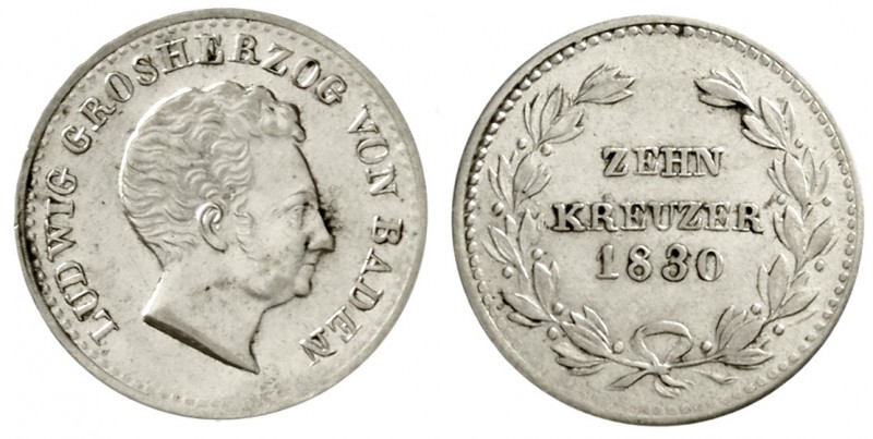 Baden-Durlach
Ludwig, 1818-1830
10 Kreuzer 1830. vorzüglich/Stempelglanz