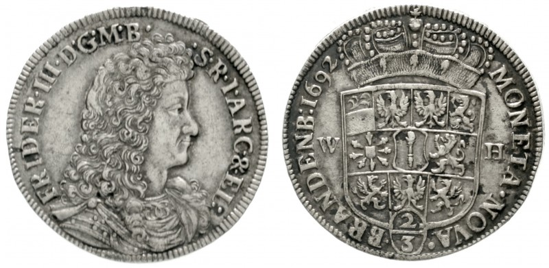 Brandenburg/Preußen
Friedrich III., 1688-1701
2/3 Taler 1692 WH, Emmerich. gut...