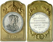 Brandenburg/Preußen
Wilhelm II., 1888-1918
Messingplakette zum 60j. Ehejubiläum mit eingesetzter Silbermedaille zum Ehejubiläum. 86 X 55 mm, im Orig...
