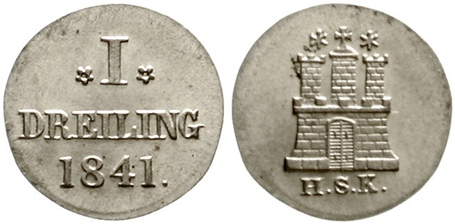 Hamburg-Stadt
Dreiling 1841. Stempelglanz, Prachtexemplar
