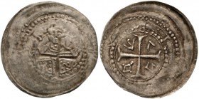 Lorsch, Abtei
Sieghard, 1167-1198
Dünnpfennig o.J. Brustbild eines Geistlichen mit Krummstab und Buch/Kreuz, in den Winkeln vier unbestimmte Symbole...