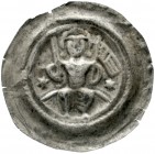 Mansfeld
Burchard I. zu Eisleben, 1184-1229
Brakteat o.J. Eisleben. Graf sitzt auf Bogen, hält Schwert und Fahne, links und rechts jeweils ein Stern...