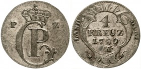 Pfalz-Birkenfeld-Zweibrücken
Christian IV., 1735-1775
4 Kreuzer 1759, Mzm. Joseph Mellinger.
sehr schön, selten