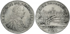Regensburg-Stadt
Konventionstaler 1754 ICB. Kaiser-Portrait v. I.L. Oexlein. Mit Titel Franz I./Stadtansicht.
sehr schön, Broschierspuren