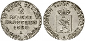 Reuss-jüngere Linie zu Schleiz
Heinrich LXII., 1818-1854
2 Silbergroschen 1850 A. sehr schön/vorzüglich, berieben, selten