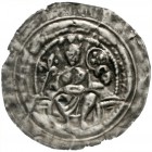 Sachsen-Altenburg, königliche Münzstätte
Friedrich I., 1152-1190
Brakteat o.J. König thont v.v., hält Lilienzepter und nimbierten Doppelreichsapfel....