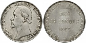 Sachsen-Coburg-Gotha
Ernst II., 1844-1893
Vereinstaler 1869 B. Auf das 25j. Regierungsjubiläum
vozügliches Prachtexemplar mit feiner Tönung