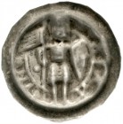Sachsen-Wittenberg
Albrecht I., 1212-1260
Brakteat o.J. DVX SAXONIE. Herzog stehend v.v. mit Fahne und Schild.
sehr schön, Prägeschwäche