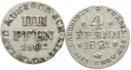Schaumburg-Lippe
Georg Wilhelm unter Vormundschaft, 1787-1807
2 X 4 Pfennig: 1802 und 1821.
sehr schön/vorzüglich und vorzüglich, Zainende