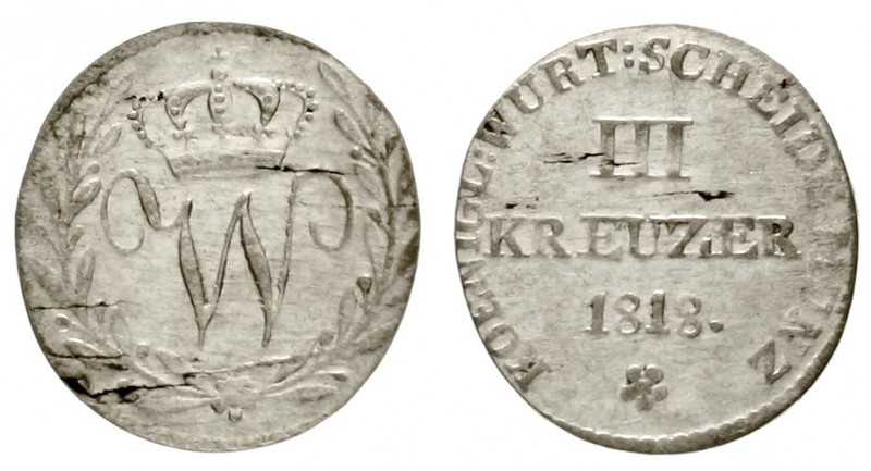 Württemberg
Wilhelm I., 1816-1864
3 Kreuzer 1818. Var. mit KOENIGL.
sehr schö...