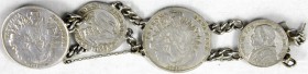 Armband aus 4 Silbermünzen: Bayern Madonnentaler 1771, 1765, Mansfeld 1/3 Taler 1672, Kirchenstaat 2 Lire 1867.
sehr schön, poliert