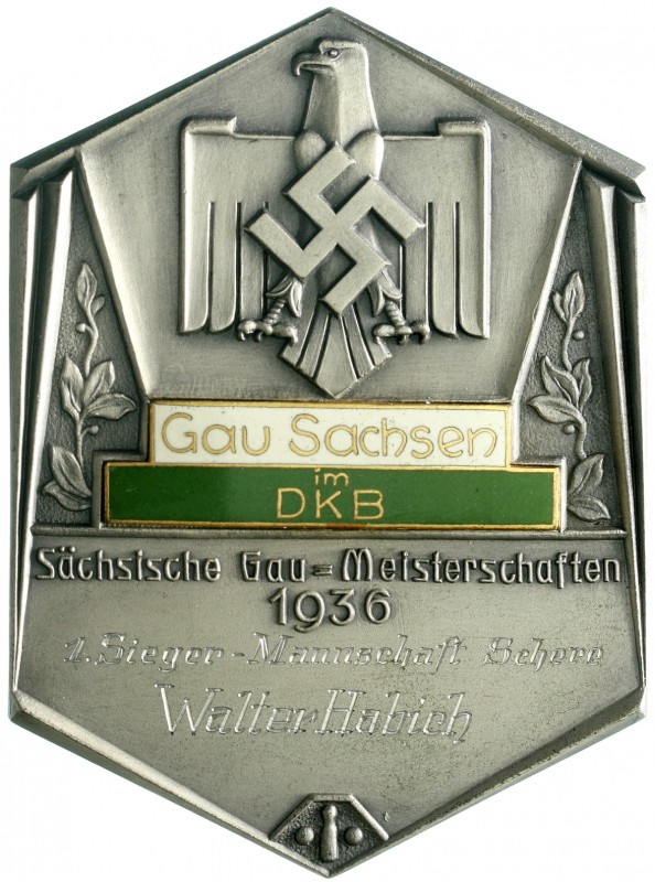 Drittes Reich
Hexagonale, eins., teilemaill. Preisplakette 1936 von H.Aurich (D...