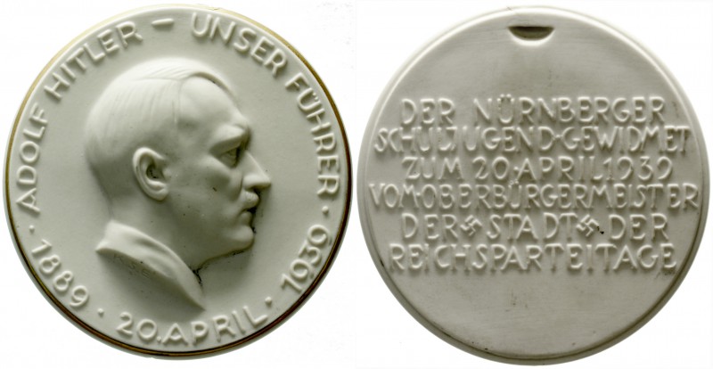 Drittes Reich
Weiße Porzellanmedaille 1939. Der Nürnberger Schuljugend gewidmet...