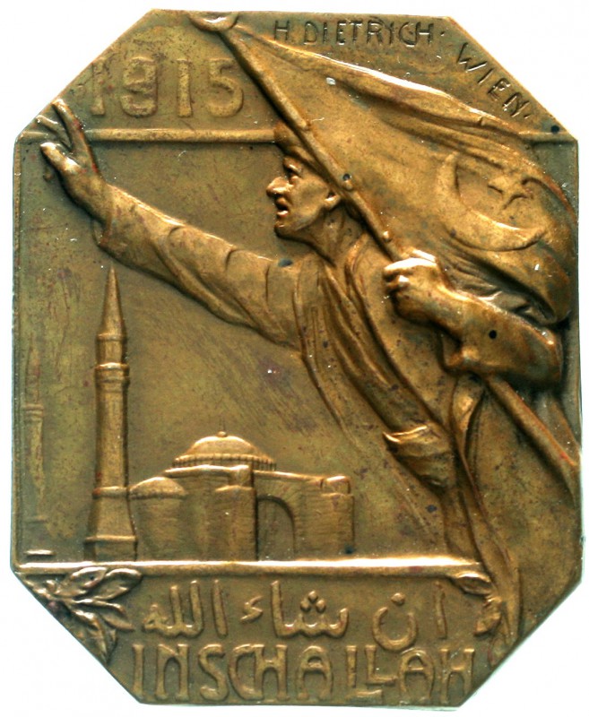 Erster Weltkrieg
Eins. Bronzeplakette "Inschallah" 1915 von H. Dietrich (Wien),...