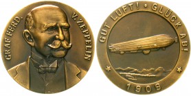 Luftfahrt und Raumfahrt
Bronzemedaille 1909 v. Mayer u. Wilhelm, Stgt., a. Graf Zeppelin. Brb. halbr./Zeppelin. 50,3 mm.
fast Stempelglanz, zaponier...