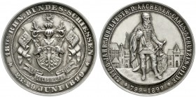 Schützenmedaillen
Aachen
Silbermedaille 1899 a.d. 18. Rhein. Bundesschiessen u. die 1100-Jf. der Carls-Schützen-Gilde. 39,5 mm, 24,81 g.
fast vorzü...