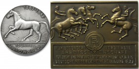 Tiermotive
Pferdezucht
2 Stück: Silber-Prämienmedaille 1942 v. Willibald Fritsch auf 75 J. Union Club (Berlin); Bronzeplak. o.J. d. Dt. reiterl. Ver...