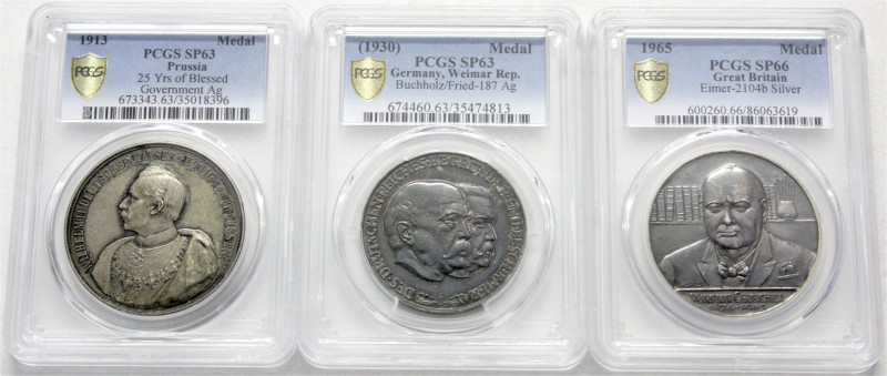 Zusammenstellungen und Lots
3 Silbermedaillen, alle geslabbt PCGS: Preußen 1913...