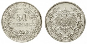 50 Pfennig gr. Adler Eichenzweige Silb. 1896-1903
1898 A. fast Stempelglanz, Erstabschlag, Prachtexemplar