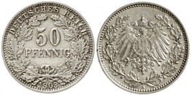 50 Pfennig gr. Adler Eichenzweige Silb. 1896-1903
1903 A. vorzüglich/Stempelglanz