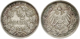 1/2 Mark gr. Adler Eichenzweige, Silber 1905-1919
1906 A. Polierte Platte, winz. Kratzer, schöne Patina