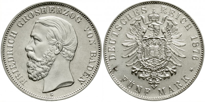 Baden
Friedrich I., 1856-1907
5 Mark 1876 G. A mit Querstrich.
prägefrisch, k...