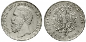 Baden
Friedrich I., 1856-1907
5 Mark 1876 G. A mit Querstrich.
vorzüglich