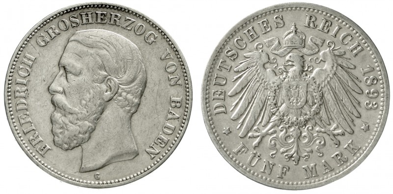 Baden
Friedrich I., 1856-1907
5 Mark 1893 G. Seltenes Jahr.
sehr schön, kl. K...