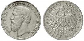 Baden
Friedrich I., 1856-1907
5 Mark 1893 G. Seltenes Jahr.
sehr schön, kl. Kratzer