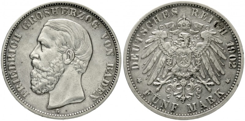 Baden
Friedrich I., 1856-1907
5 Mark 1902 G. Seltenes Jahr.
fast vorzüglich