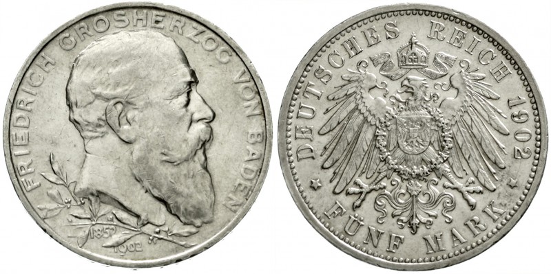 Baden
Friedrich I., 1856-1907
5 Mark 1902. 50 jähriges Regierungsjubiläum.
vo...
