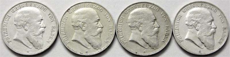 Baden
Friedrich I., 1856-1907
4 X 5 Mark: 1902 G, 1903 G, 1904 G, 1907 G. Komp...
