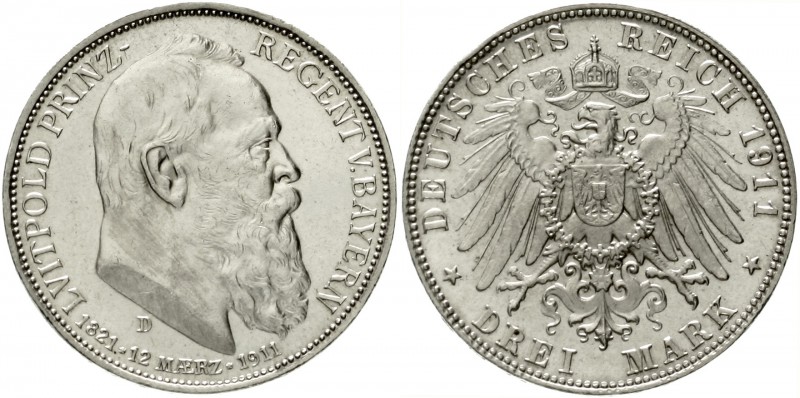 Bayern
Luitpold 1911-1912
3 Mark 1911 D. Zum 90 jähr. Geb. m. Lebensdaten.
Po...