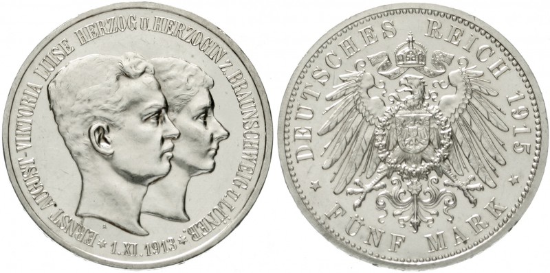 Braunschweig
Ernst August, 1913-1916
5 Mark 1915 A. Mit Lüneburg.
Polierte Pl...