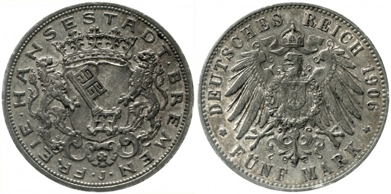 Bremen
5 Mark 1906 J. sehr schön/vorzüglich, Randfehler, schöne Patina