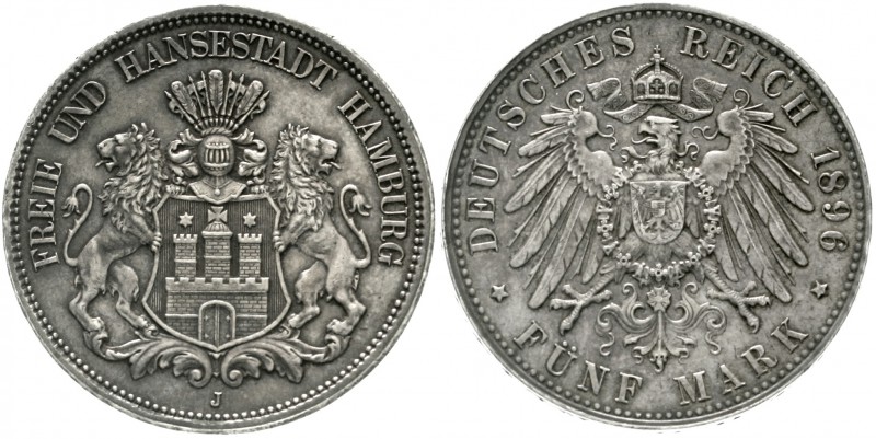 Hamburg
5 Mark 1896 J. Seltenes Jahr.
vorzüglich/Stempelglanz, aus Erstabschla...