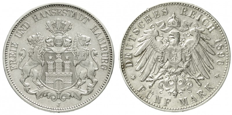 Hamburg
5 Mark 1896 J. Seltenes Jahr.
gutes sehr schön, winz. Randfehler
