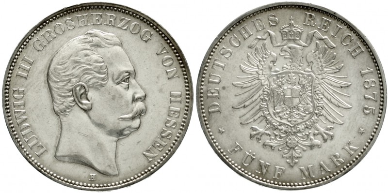 Hessen
Ludwig III., 1848-1877
5 Mark 1875 H vorzüglich/Stempelglanz, kl. Kratz...