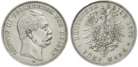 Hessen
Ludwig III., 1848-1877
5 Mark 1876 H. vorzüglich, kl. Schrötlingsfehler auf Wange