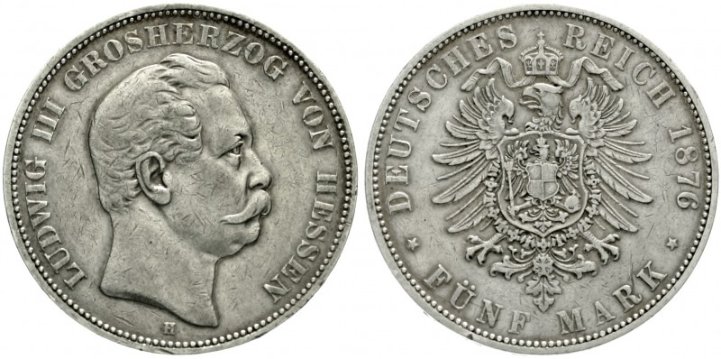 Hessen
Ludwig III., 1848-1877
5 Mark 1876 H. sehr schön, winz. Randfehler, übe...